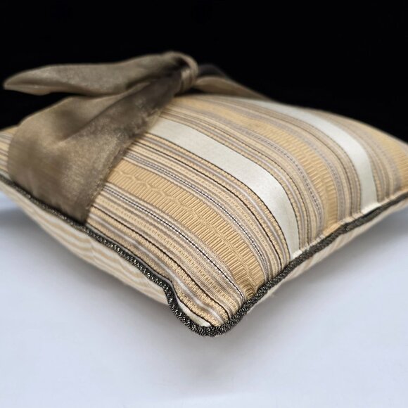 Vintage Small Striped Accent Throw Pillow Ribbon Bow Accent By Woof & Poof 10" - Picture 12 of 14